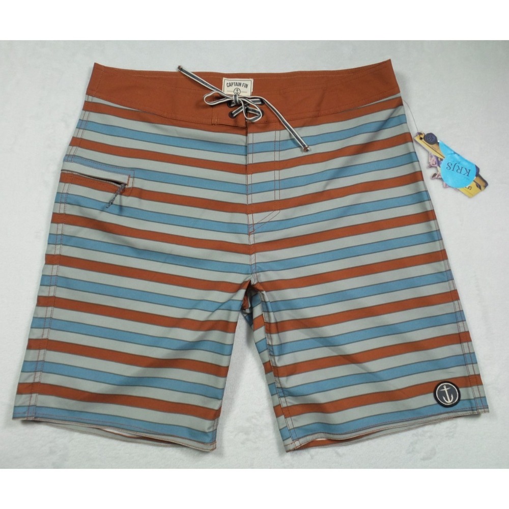 Captain‎ Fin Shorts Mens Size 32 Orange Blue Striped Stretch Boardshorts NWT